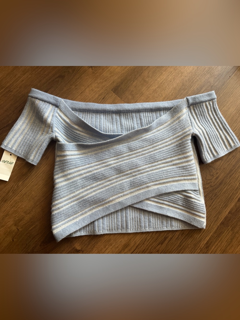 aerie Blue and Cream Striped Off-Shoulder Ribbed Sweater